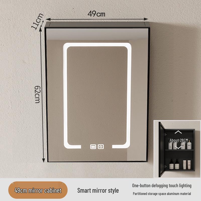 40cm x 50cm Space Aluminum Smart Mirror Cabinet with Lights & Defogging, Punch-Free Wall-Mounted for Small Bathrooms