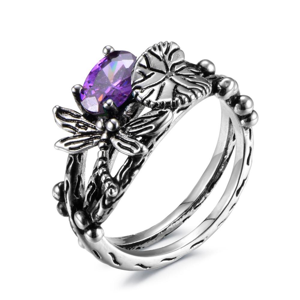 Vintage Dragonfly Lotus Ring for Women with Topaz Silver Plated Bohemian Style Jewelry