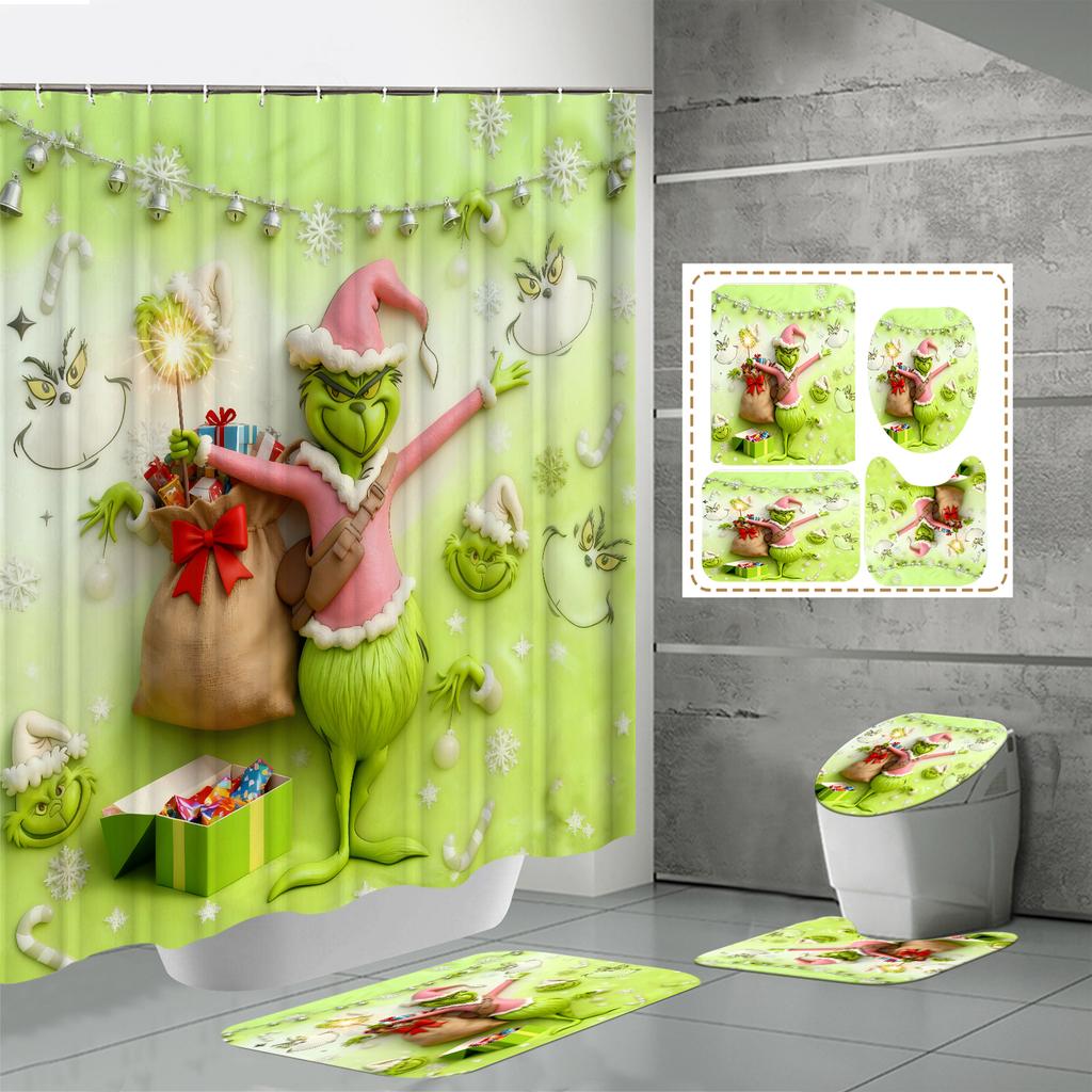 4PCS Shower Curtain Sets With Shower Curtain And Rugs Toilet Lid Rug U Shape Mat And Bath Mat Bathroom Set With 12 Hooks