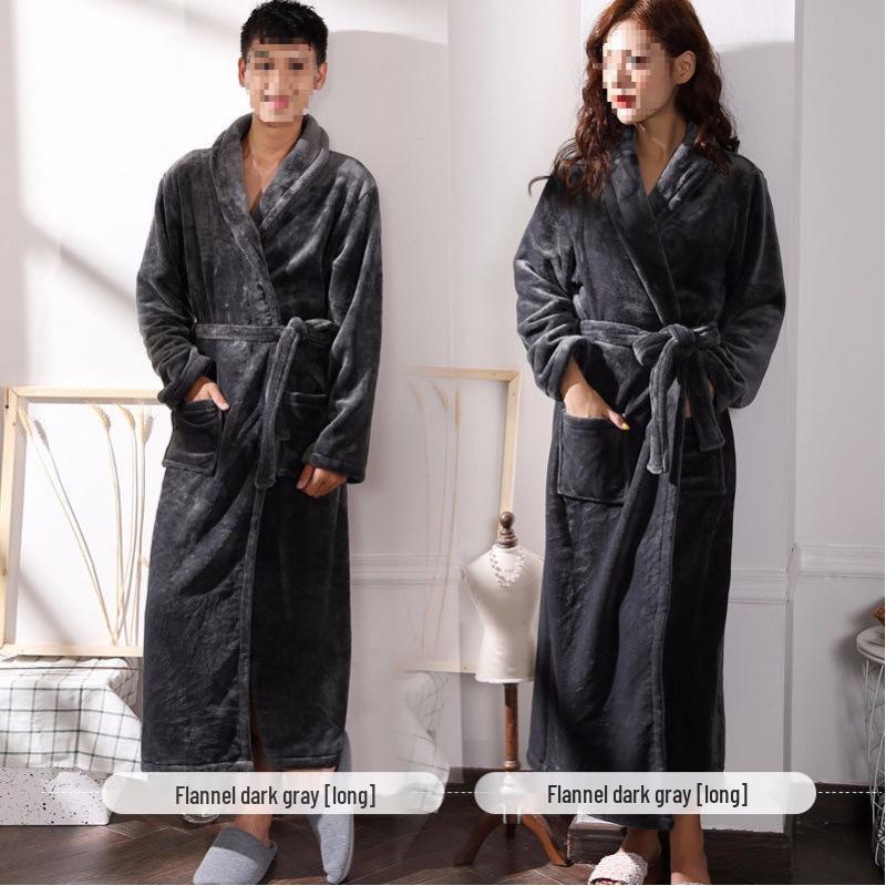 Women's & Men's Coral Fleece Bathrobe - Spring/Autumn, Thick Flannel, Long Couples Robe