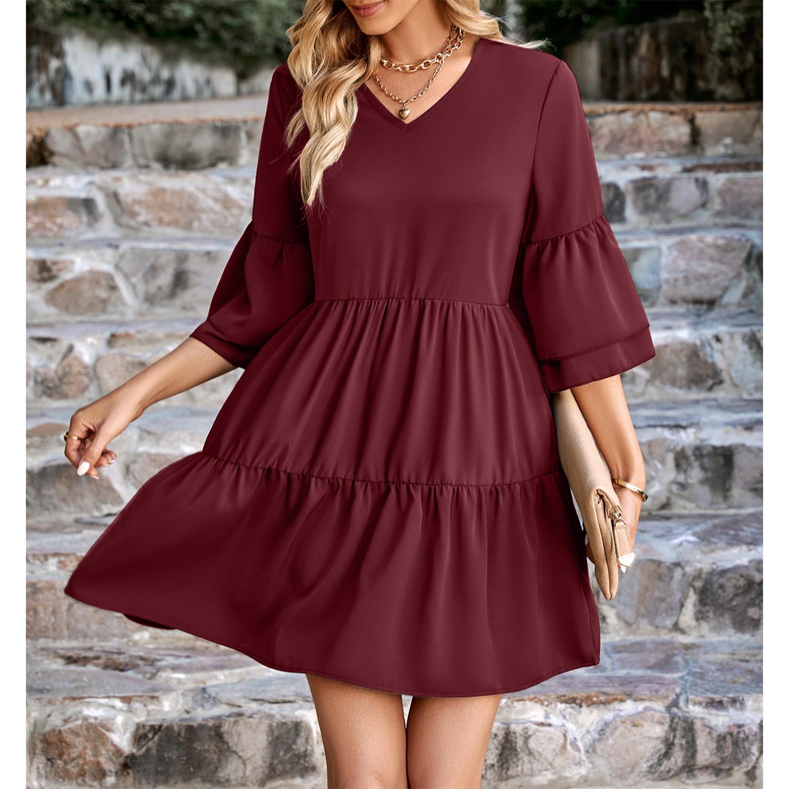 

Женское Модное Летнее Однотонное Платье с V-образным Вырезом, Свободным Кроем и Короткими Рукавами S винный
