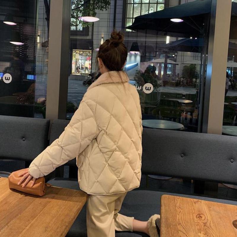 Winter Down Coat Korean Fashion Short Rhombic Cotton Coat Short Lapel Fur Collar Slim Down Jacket