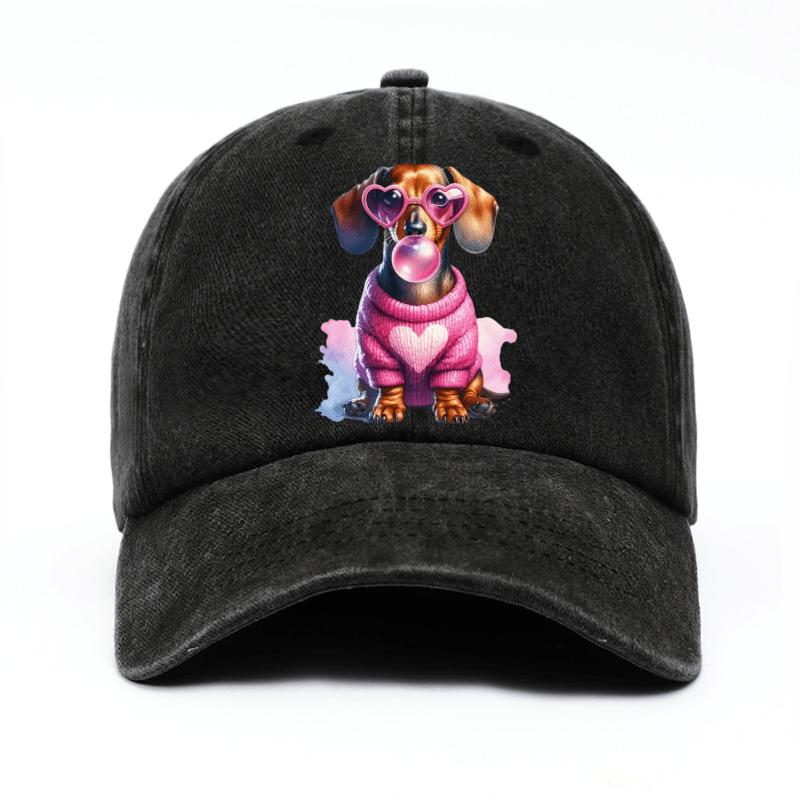 Dachshund Dog Bubble Gum Pink Heart Glasses Print Baseball Cap Cotton Adjustable Casual Hat