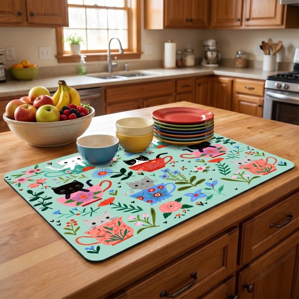 Household Cat Floral Coffee Machine Mat Anti-Slip Absorbent Kitchen Mat Sweet Rectangular Dish Drying Mat Tableware
