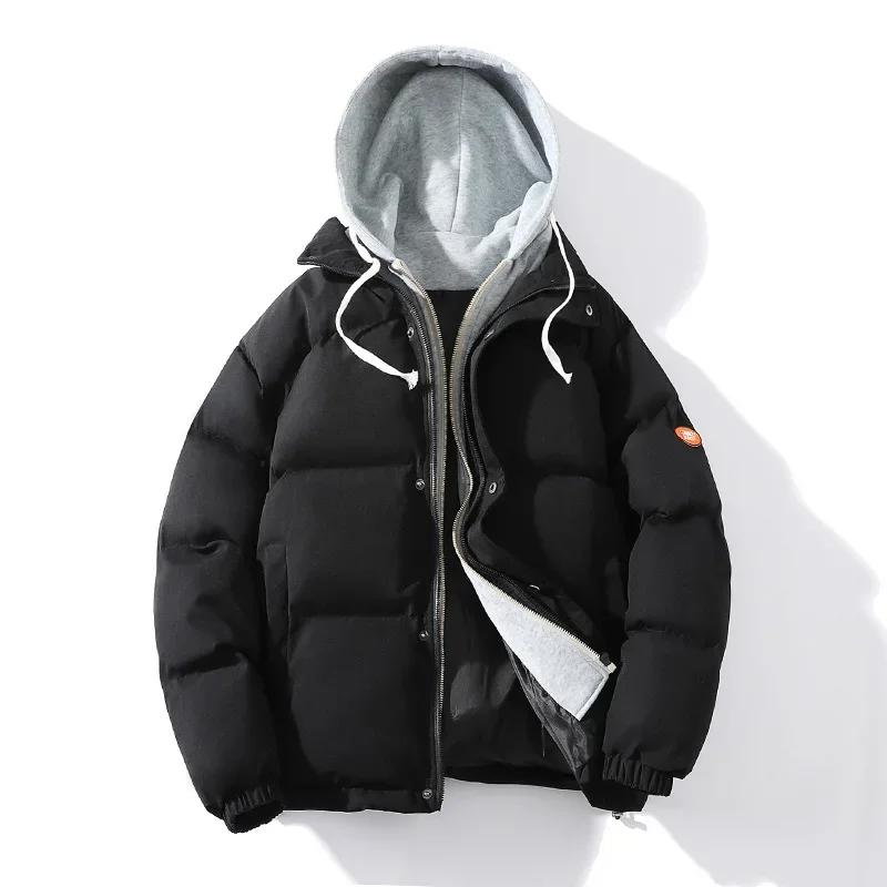 Men's Casual Sports Thickened Parkas Fake Two-Piece Hooded Jackets Sports Casual Outerwear Men