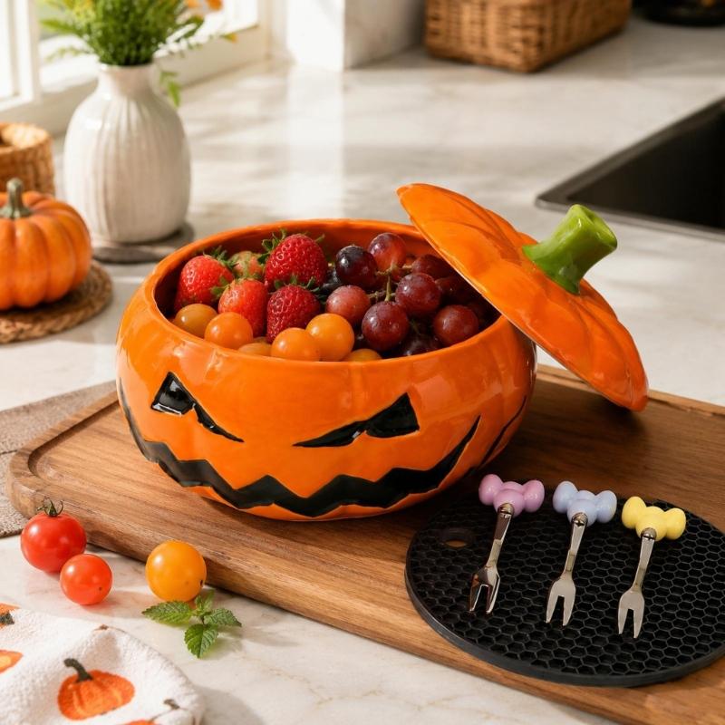 Halloween Berries Draining Bowl with Wash-and-Drain Design, Black Face Accent, and Lidded for Washing Fruits and Vegetables Serving