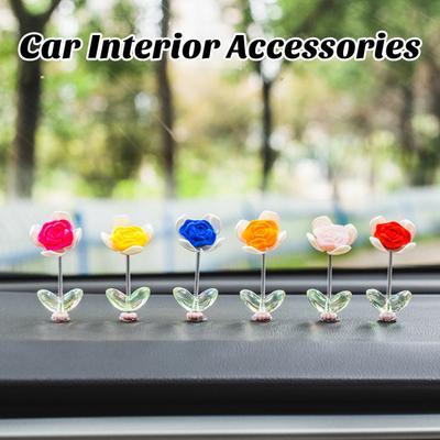 6 stks/set Leuke Roos Bloem Auto Ornament Middenconsole Dashboard Decoratie Auto Lente Hoofd Schudden Kleine Decoratie