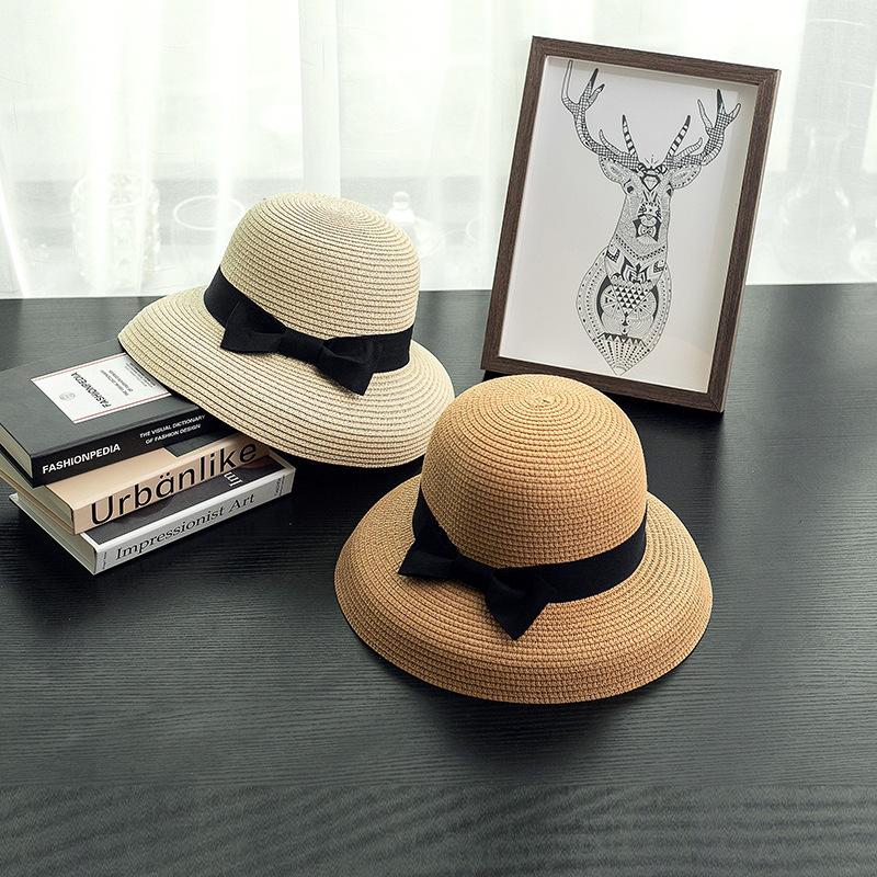 Black Ribbon Bowknot Straw Hat Classic Solid Color Sun Hats Elegant Summer Travel Beach Hats for Women Daily Use