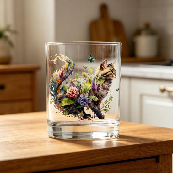 Cute Cat Floral Glass, Juice Coffee Cup, Milk Tea Glass Mug, Artistic Whiskey Coffee Mug for Home Bar, Gift for Cat Lovers