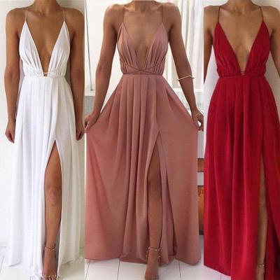 Moda Donna Sexy Slim Senza Schiena Bohemien Vacanza Scollo a V Volant Spacco Tinta Unita Abiti