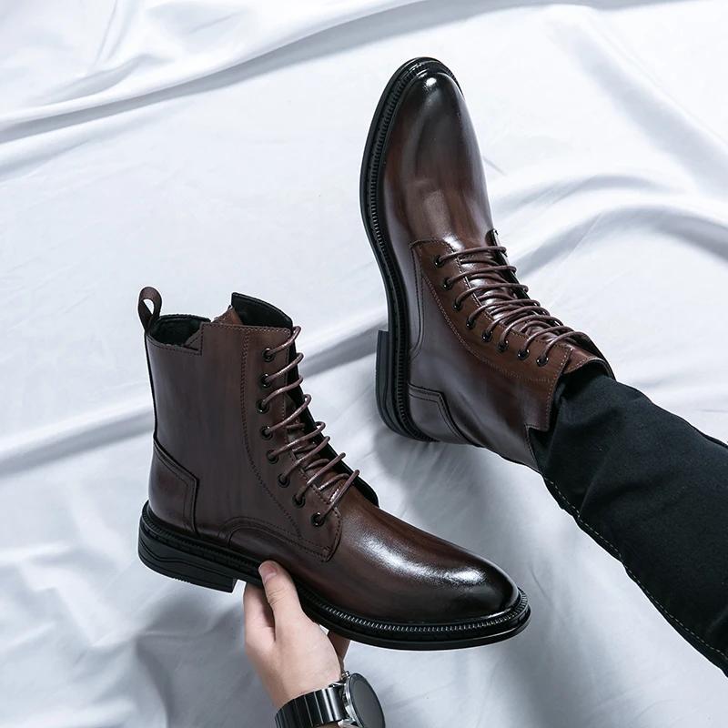 Punk Style Brown Leather Motorcycle Boots High Top Mens Casual Shoes Side Zipper Denim Boots Classics Male Ankle Boots Footwear
