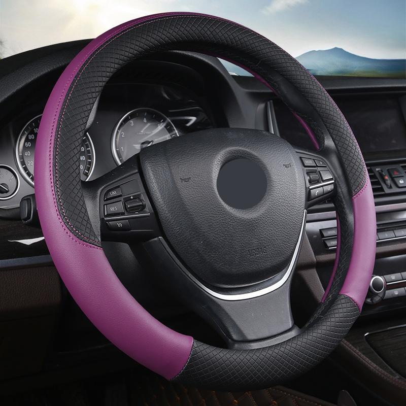 Summer Four Seasons Embossed Leather D-Shaped Car Steering Wheel Cover, Non-Slip and Breathable for Men and Women