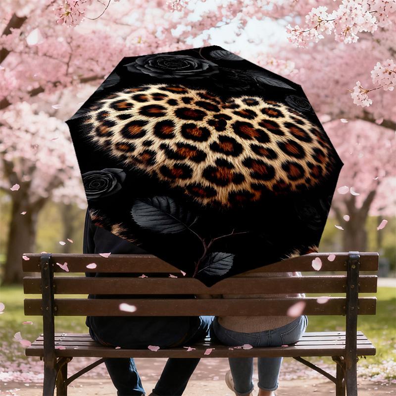 1pc Leopard Print Heart Automatic Open/Close Umbrella Compact Folding Umbrella with 8-Rib Shaft for Women/Men, Elegant Birthday1138S