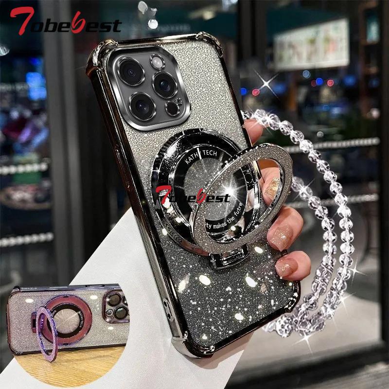 Shockproof Glitter Plating Crystal Bracelet Magsafe Phone Holder Case For iphone 16 15 14 13 12 11 Pro XS Max XR 8 7 Plus Cover