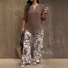 1116 European and American Summer New V-neck Medium and Long Shirt Printed Pants Casual Loose Suit Two-piece Set!