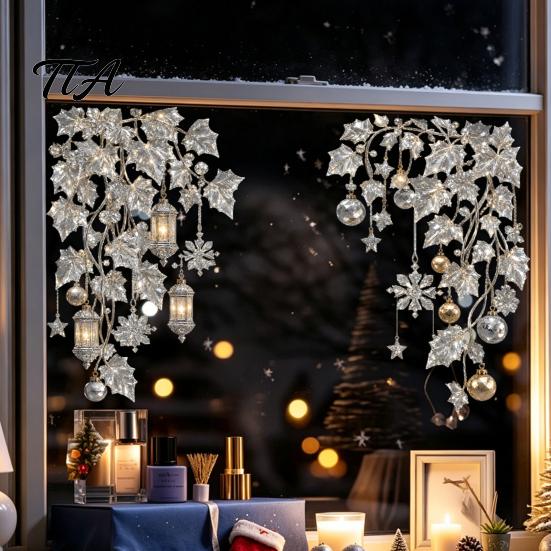 Holiday Glass Decals 2Pcs Christmas Window Clings, Static Sticker, Decal with Snowflakes Lantern Winter Wonderland Decor and Balls Patterns, Removable