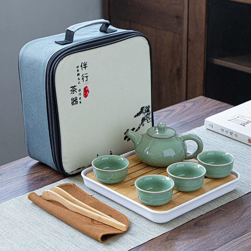 Ge kiln beam pot, one pot of four cups tea set, travel tea set, square bag, portable tea set, Mid-Autumn Festival gifts