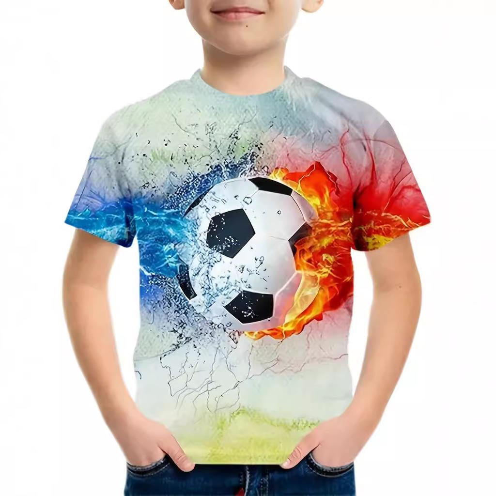 Summer Round Neck 3D Flame Football Printed Top Fashionable Casual Short Sleeved Children's Boy T-shirts