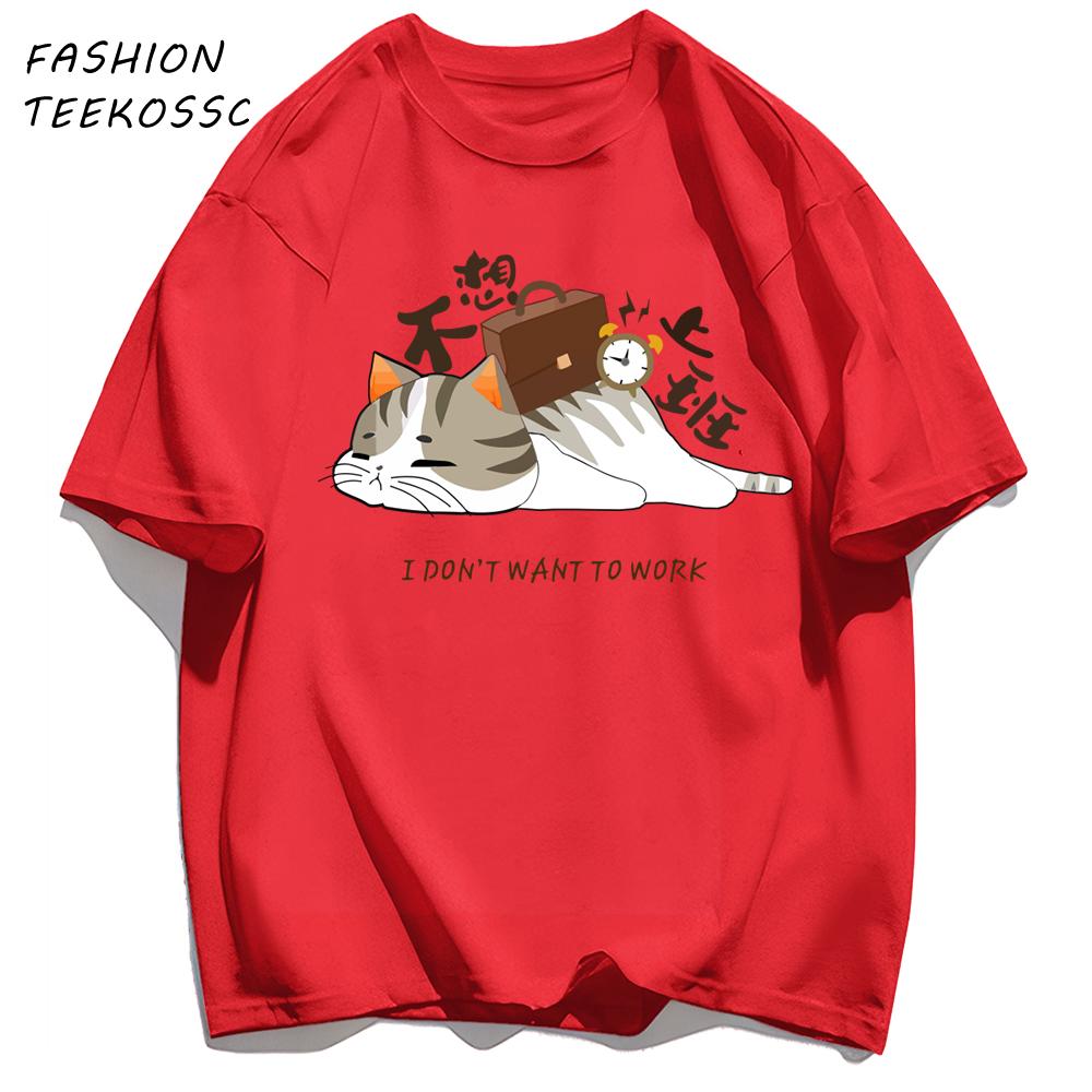 A Tired Working Cat Pattern Men TShirt Casual Oversize T Shirts Hip Hop Cotton Streetwear Summer AllMatch Soft Short Sleeve