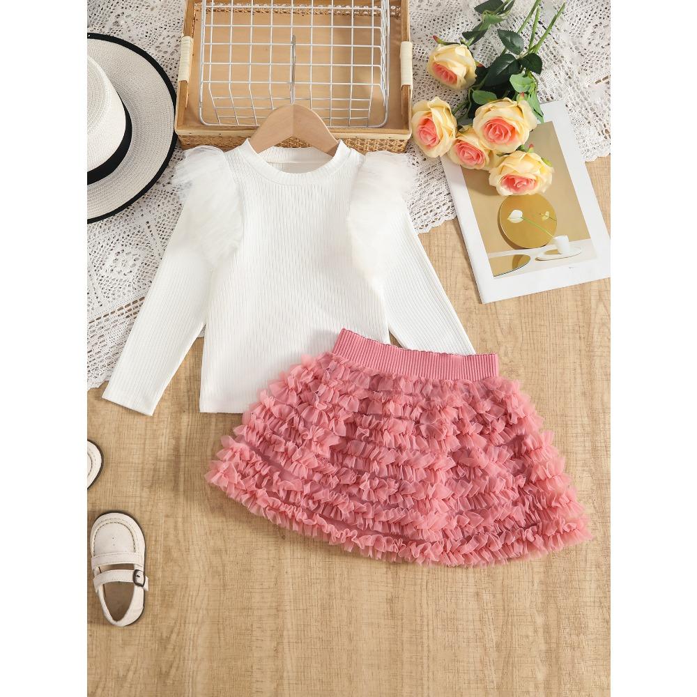 3-7Y Girls' Long-Sleeve T-Shirt + Skirt Children's Half-Skirt Spring/Fall Princess Tulle Skirt Long-Sleeve T-Shirt Puffy Skirt Set