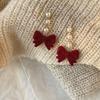 Burgundy Velvet Bow Pearl Stud Earrings Temperament Their Girl Celebrity New Versatile Light Luxury Earrings