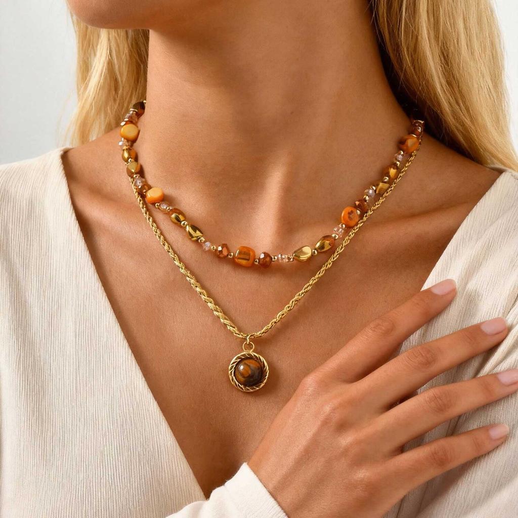 Vintage Natural Brown Tiger Eye Stone Necklace Choker for Women, Adjustable Beaded Chain, Stack Jewelry
