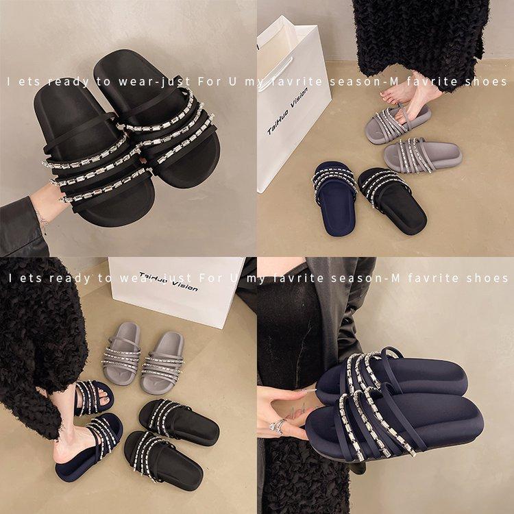 Bright Diamond Slippers Women's Summer Wear 2025 New Fairy Style Low Heel with Skirt Flat Bottom Set Toe Roman Cool Slippers