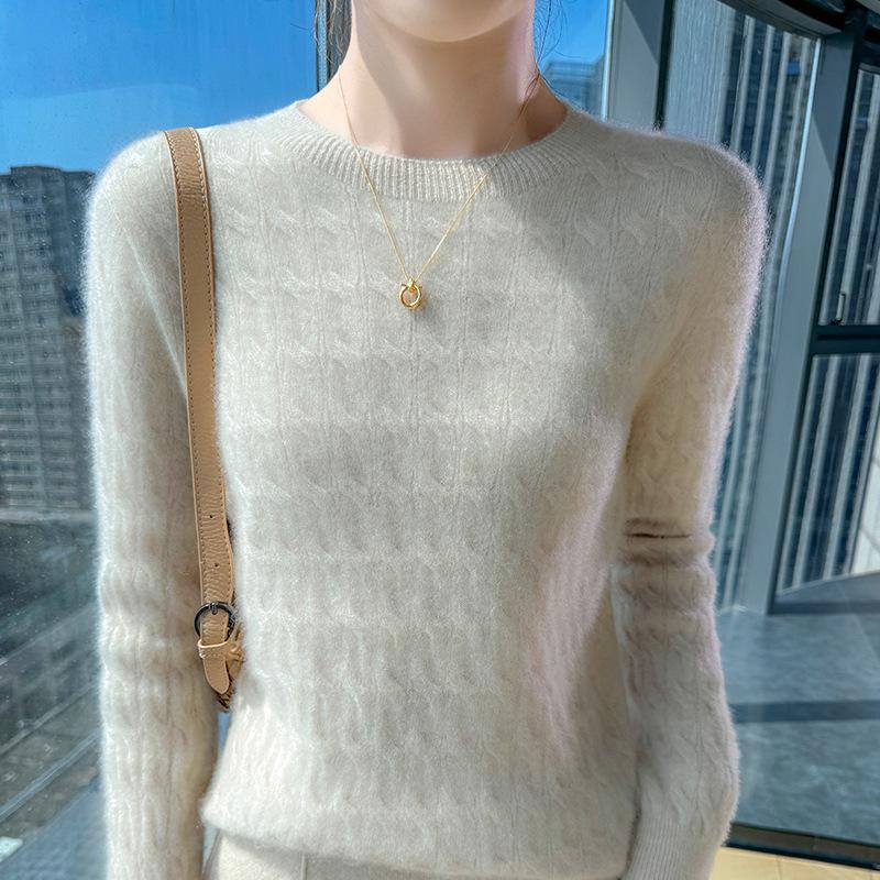 Women's Cashmere Sweater - Autumn Winter Solid Color Jacquard Round Neck Loose Knit