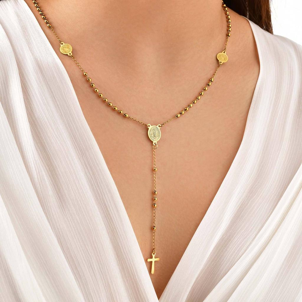 Vnox Stylish Stainless Steel Virgin Mary Necklaces, Multiple Beads Chain Cross Pendant, Long Sweater Chain Jewelry For Women