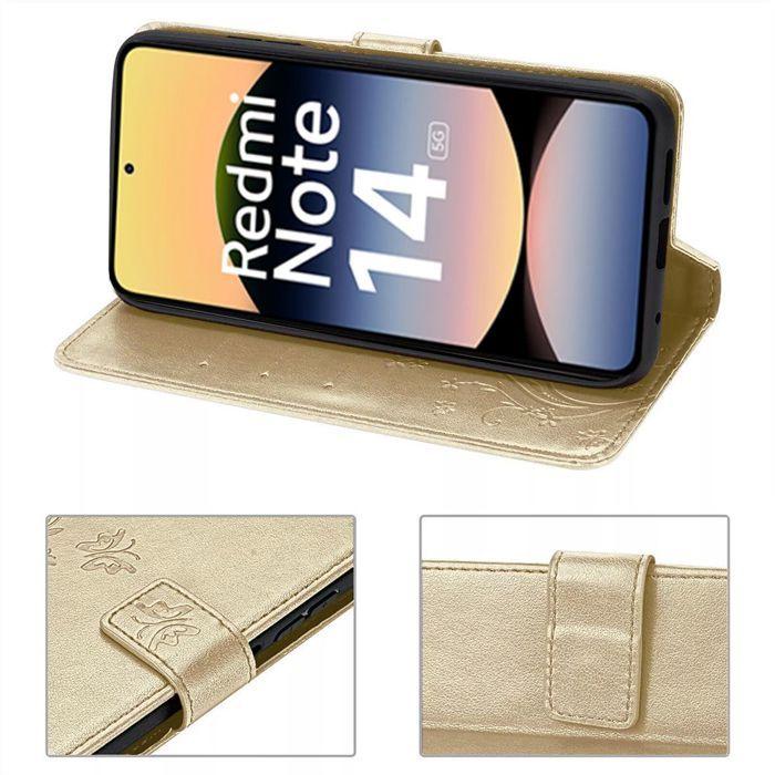 Hülle für Xiaomi Redmi Note 14 5G (nicht für 4G) Kratzschutz 360 Grad Goldener Leder-Effekt Pflanzen-Schmetterlings-Muster