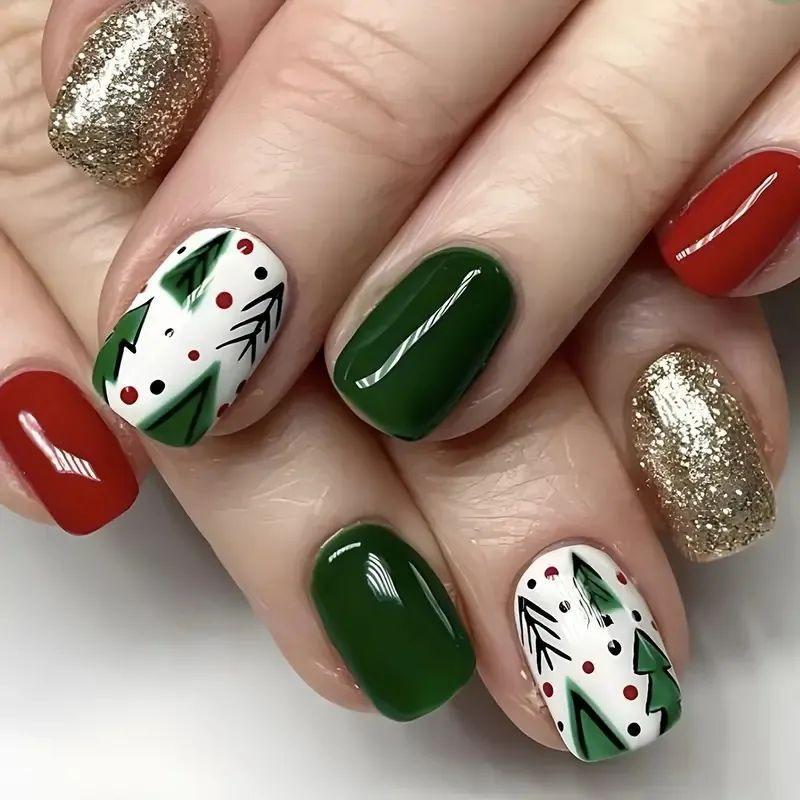 Christmas Europe And America Simple Small Fresh Christmas Tree Glitter Short Square Wearing Nail Piece Jelly glue + rubbing strips*3pcs