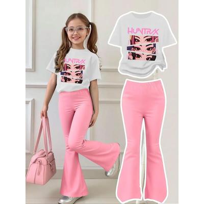 Girl's Regular Short Sleeved and Flared Pants Two-piece Set Kpop White Short Sleeved+pink Flared Pants Sweet Girl 2026 New Item