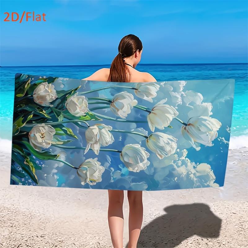 White Tulip Floral Beach Towel Blue Sky Art Print Microfiber Towel for Summer Beach, Pool & Travel Use