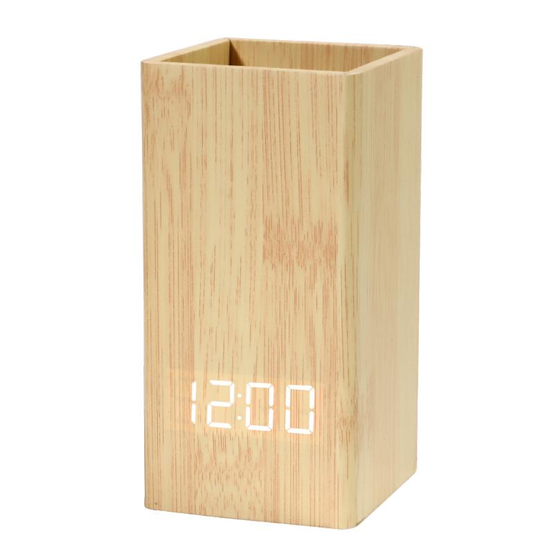 Smart voice-activated silent led wooden clock, wooden clock pen holder, alarm clock, handicraft gift USB charging