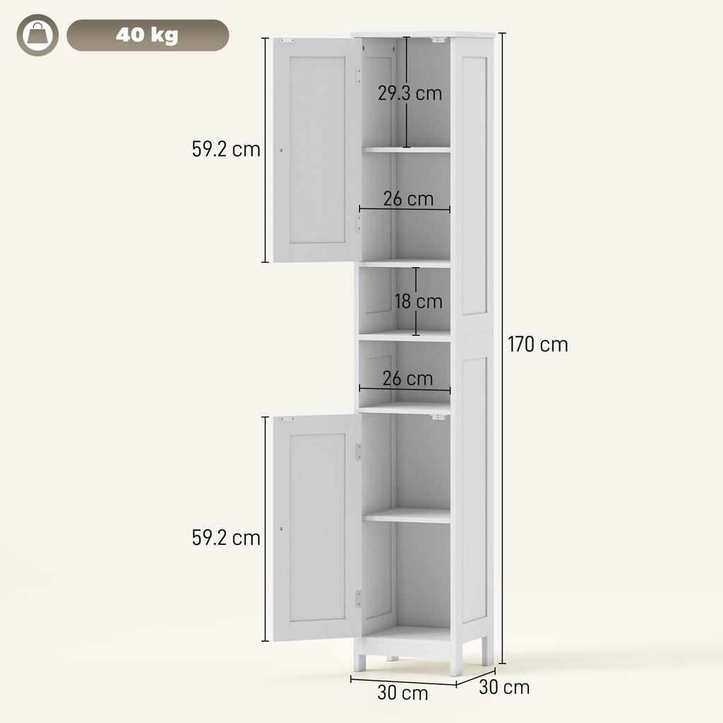 Hoher Badezimmerschrank mit 2 offenen Regalen und 2 verstellbaren Schrankfächern, Holz, 30x30x170 cm, Weiß
