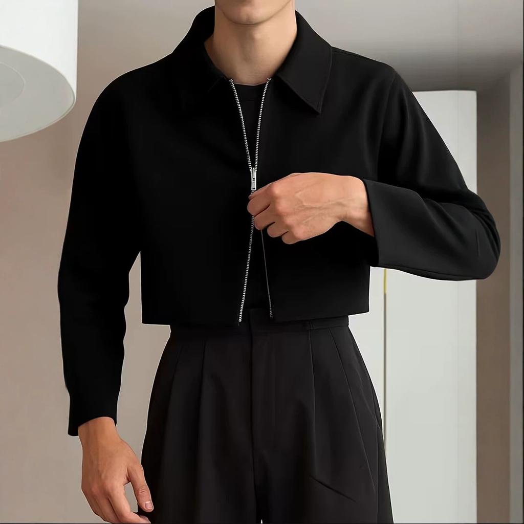 Men's Short Lapel Jacket Two-Way Zipper Loose Front Shoulder Casual Jacket
