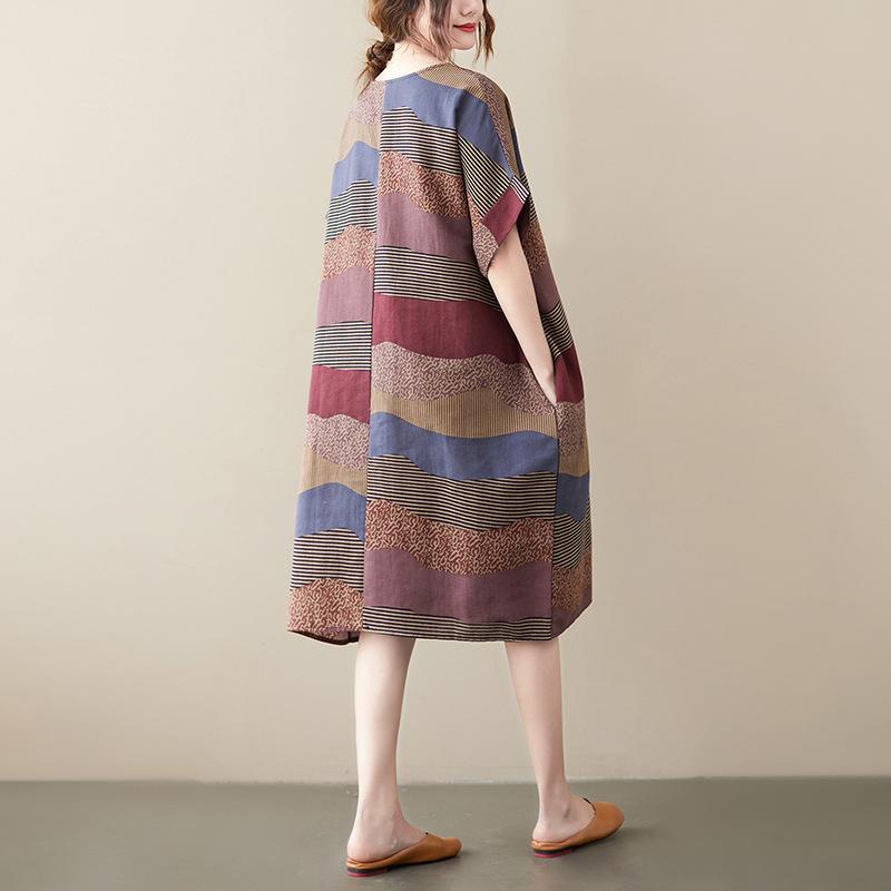 Summer Fat MM Cotton Hemp Retro Flower Art Knee Length Short Sleeved Dress for Women