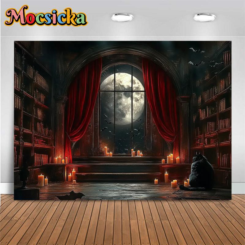 Mocsicka Halloween Background Ancient Night Moon Bat Indoor Home Bookshelf Decorations Child Baby Portrait Photo Backdrop Banner