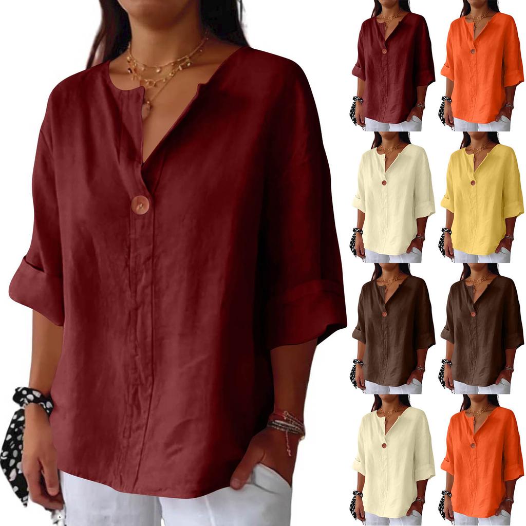 Women V Neck Button Up Three Quarter Sleeve Cotton Linen Blouse Loose Fit Casual Top for Everyday Wear