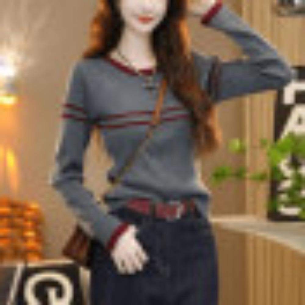 

Вязаный свитер с круглым вырезом, в полоску, пэчворк, новый свитер с длинным рукавом, приталенный и облегающий фигуру, топ для женщин на осень one size серый