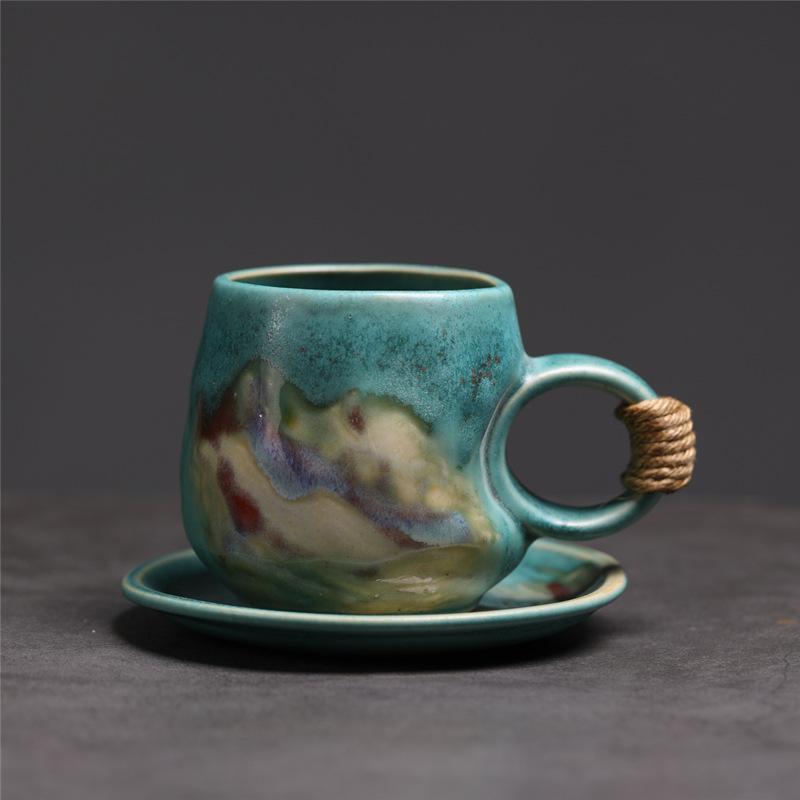 Retro Ceramic Coffee Cup And Saucer Set Creative Souvenir Cup Afternoon Tea Mug Coarse Pottery Coffee Cup