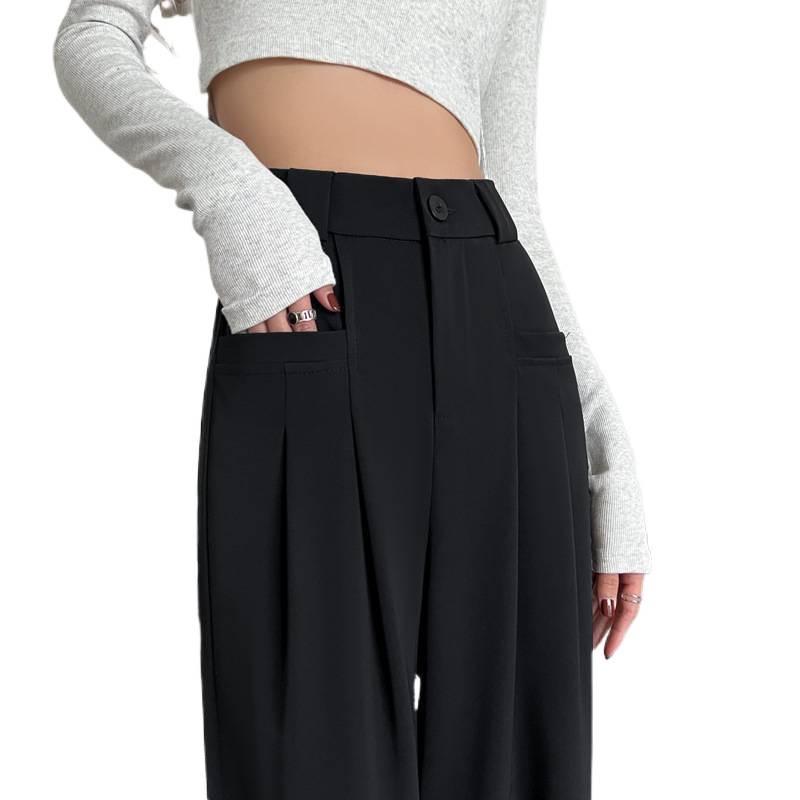 Women's High-Waist Black Pear-Shaped Pants - Plus Size, Slim, Straight, Wide-Leg, Spring/Summer Casual Wear