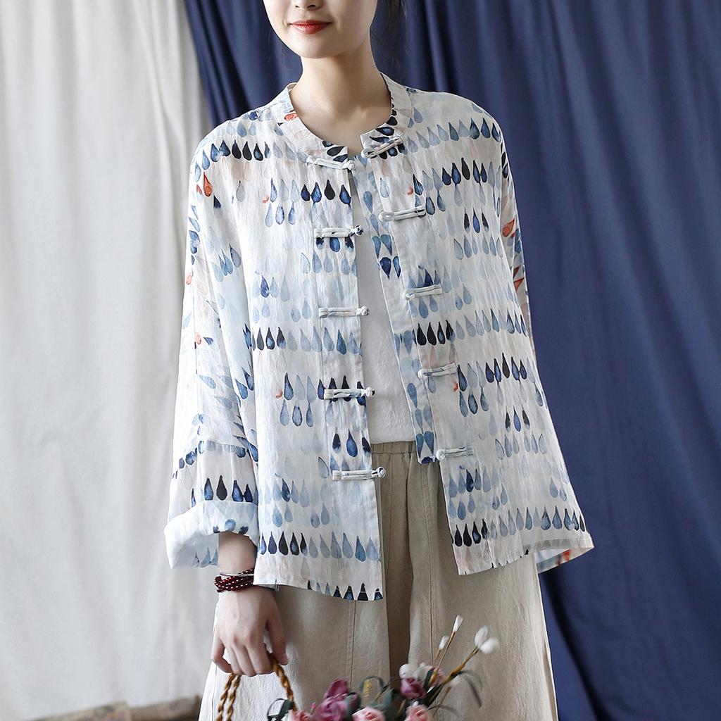 Johnature Chemises en ramie de style chinois pour femmes, chemisiers à imprimé floral de style chinois, chemises à manches longues et boutons pour femmes