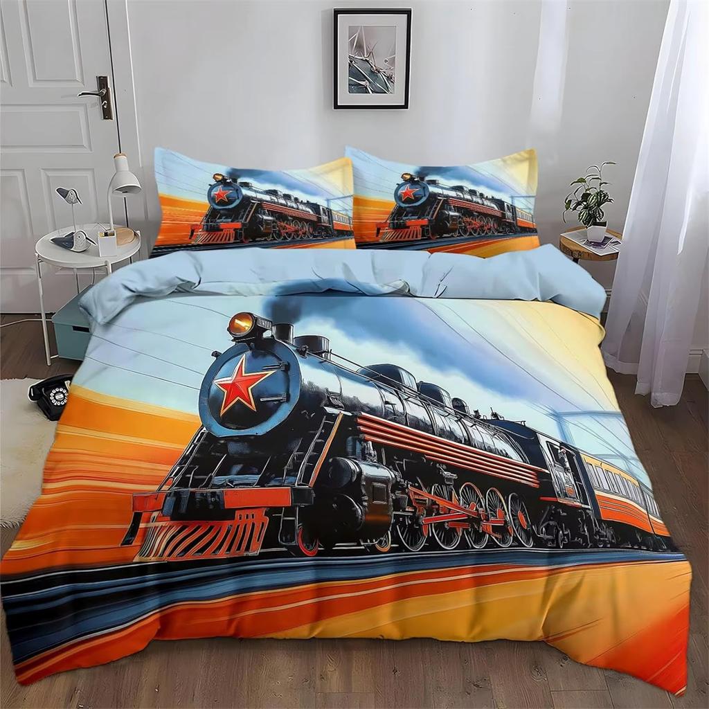 Train Kids Boys Duvet Cover Retro Steam Engine Bedding Set for Teens Railway Track Transport Comforter Quilt Cover Room 2Pcs