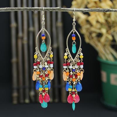 Bohemian Antique Water Drop Tassel Earrings for Women Vintage Colorful Dangle Earring Jewelry Accessory