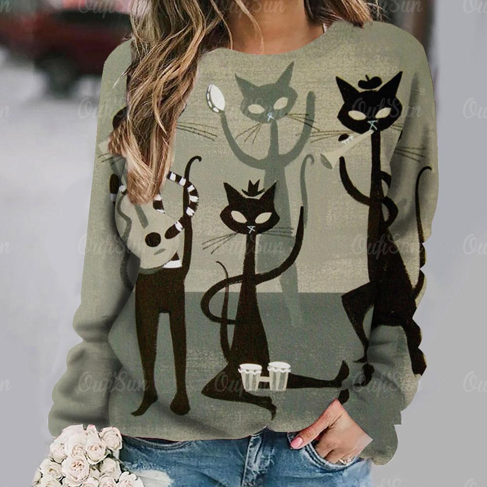 

Женские футболки с рисунком кота, винтажные футболки с абстрактными длинными рукавами, топы, хлопковый пуловер, осенняя женская одежда, уличная одежда S