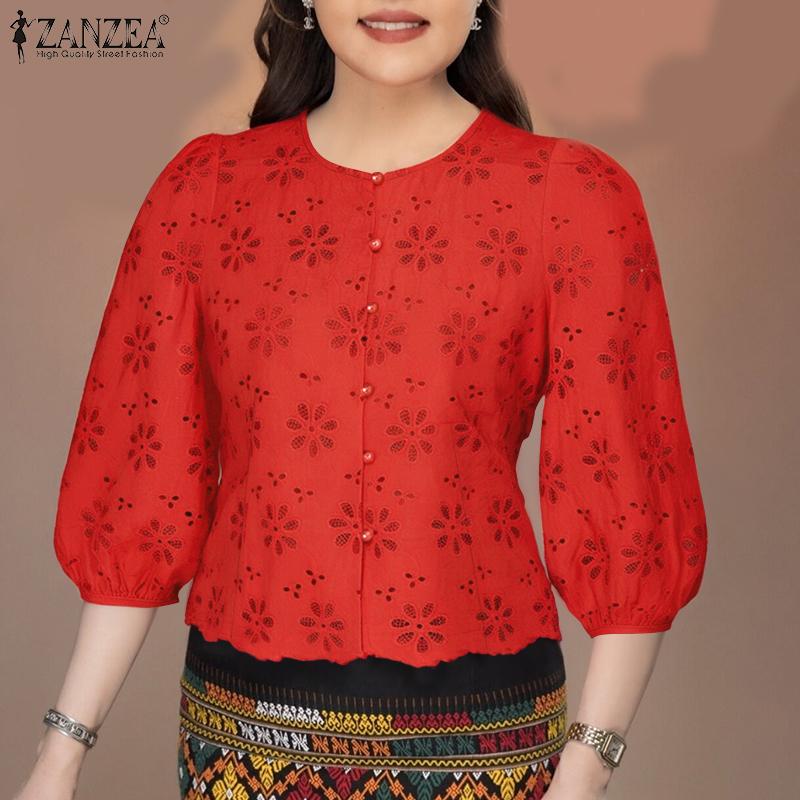 ZANZEA Women Casual O-neck 3/4 Sleeve Embroidery Lace Blouse