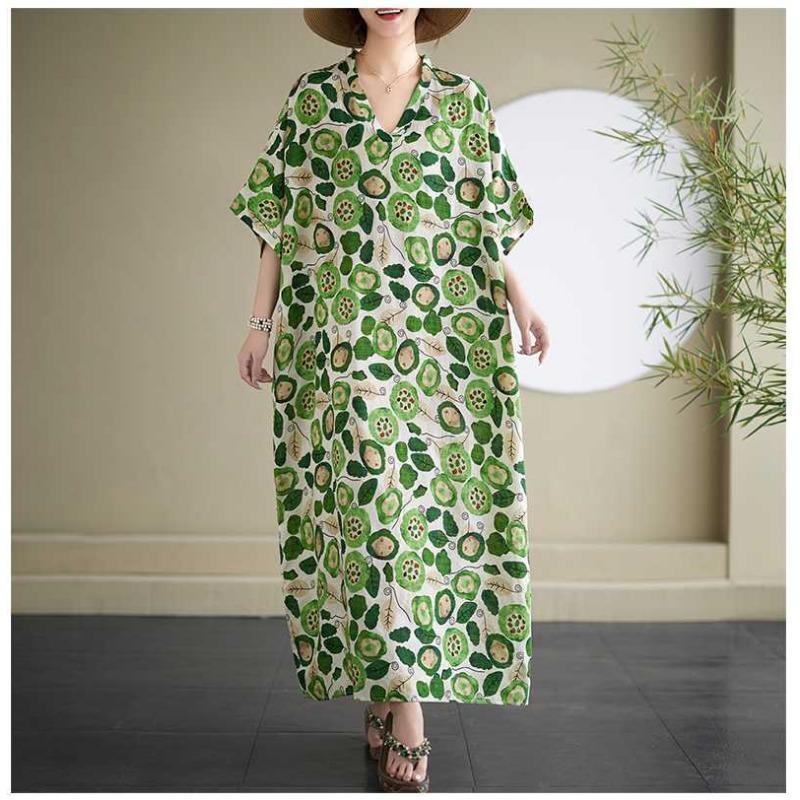 2025 Summer Floral Vacation Style Travel V-Neck Vintage Long Flesh Covering Dresses