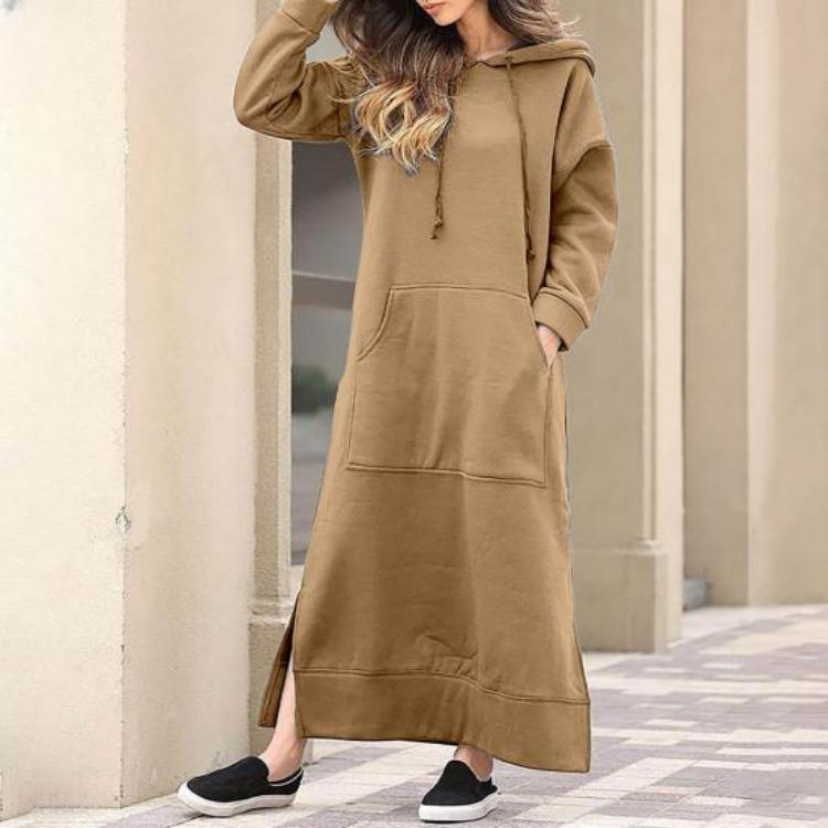 Women Sweatshirt Dress Hooded Solid Color Long Sleeve Front Drawstring Autumn Winter