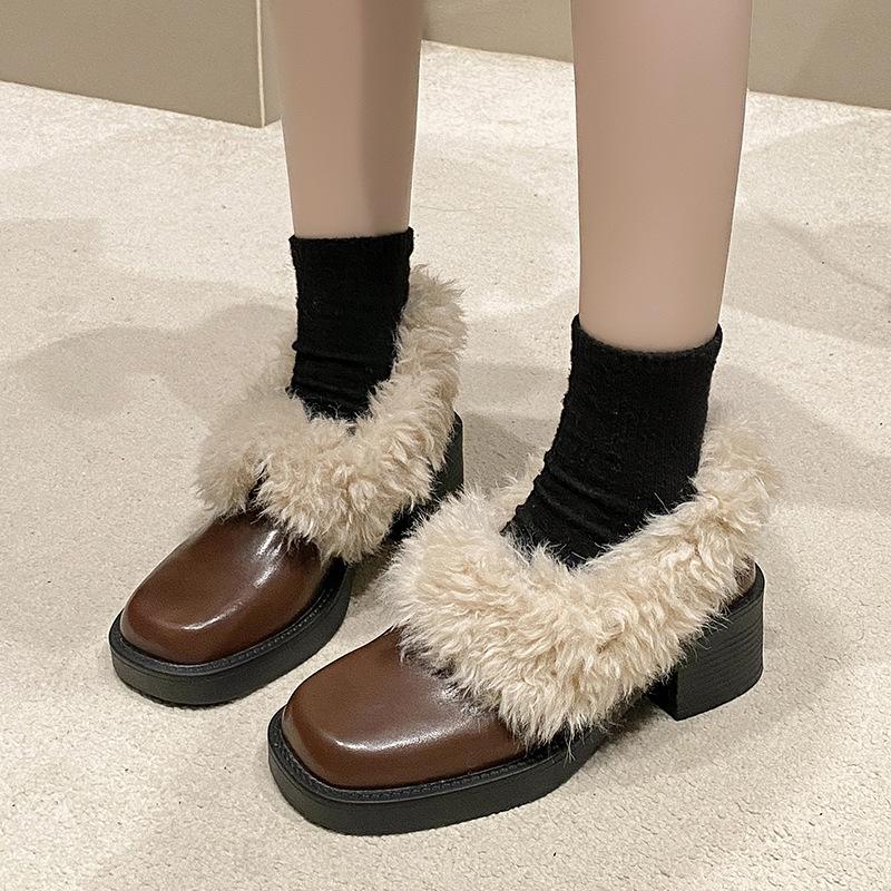 Schaffell-Version~ Dicke Ferse Retro Fluffy Schuhe Damen Kopf Echtleder Ein-Pedal Einzelne Schuhe Winter Samt Warm Kleine Lederschuhe